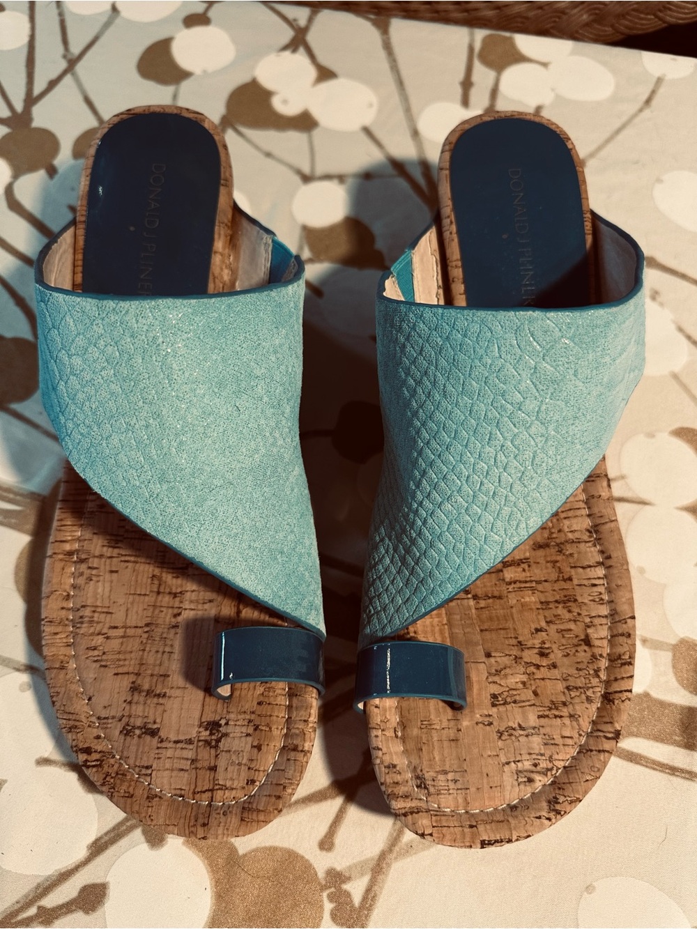 Donald J.Pliner Turquoise & Teal Leather Slide Sandals, Cork Covered Platform 11